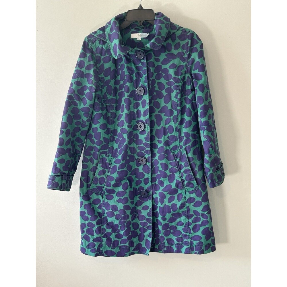 Boden Hooded Rain Coat Women's US10 Green Purple Cotton Fleece Lined Button Zip